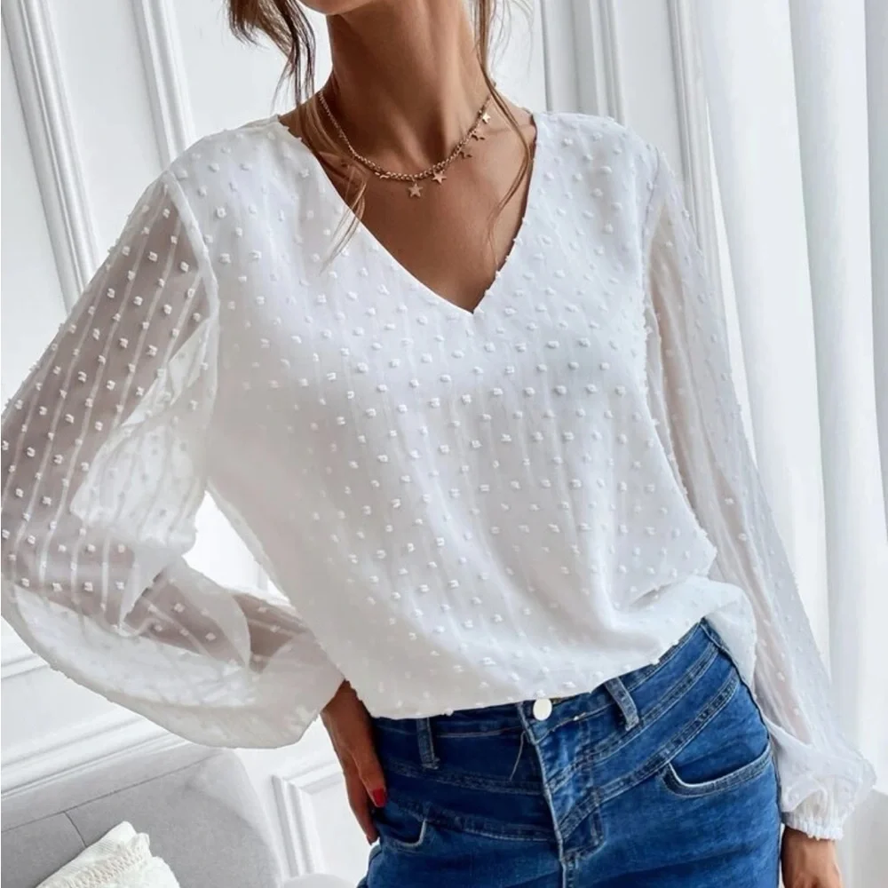 Luxe white Swiss dot sleeve blouse